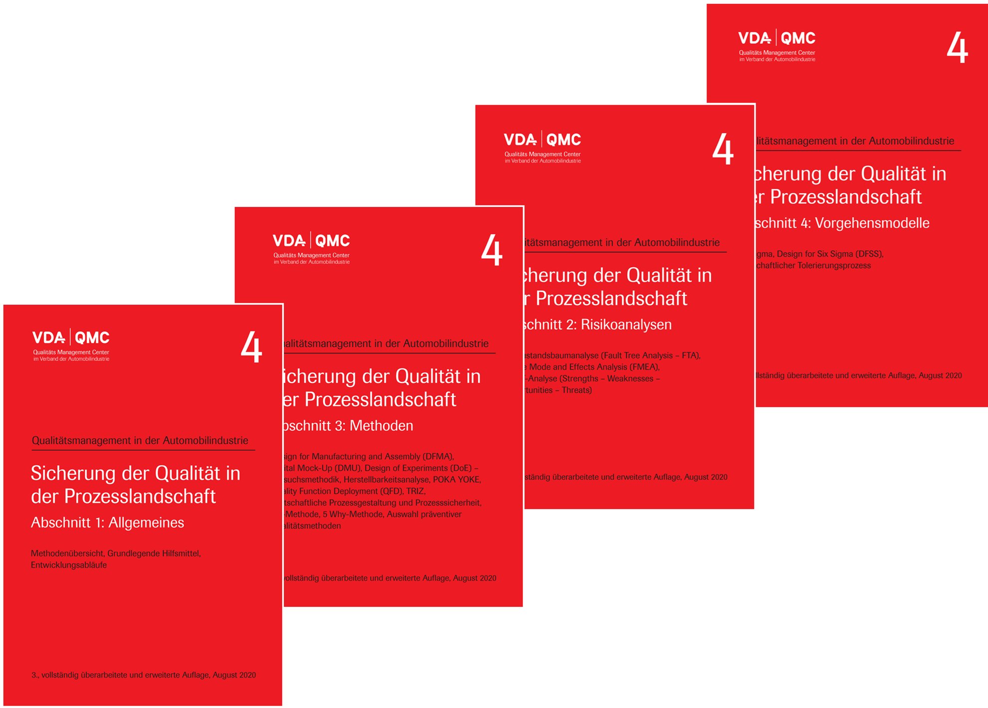Publications  VDA Band 4 - Sicherung der Qualität in der Prozesslandschaft. Bundle der Abschnitte 1-4: Allgemeines, Risikoanalysen, Methoden und Vorgehensmodelle. 3., vollständig überarbeitete und erweiterte Auflage, August 2020 1.8.2020 preview